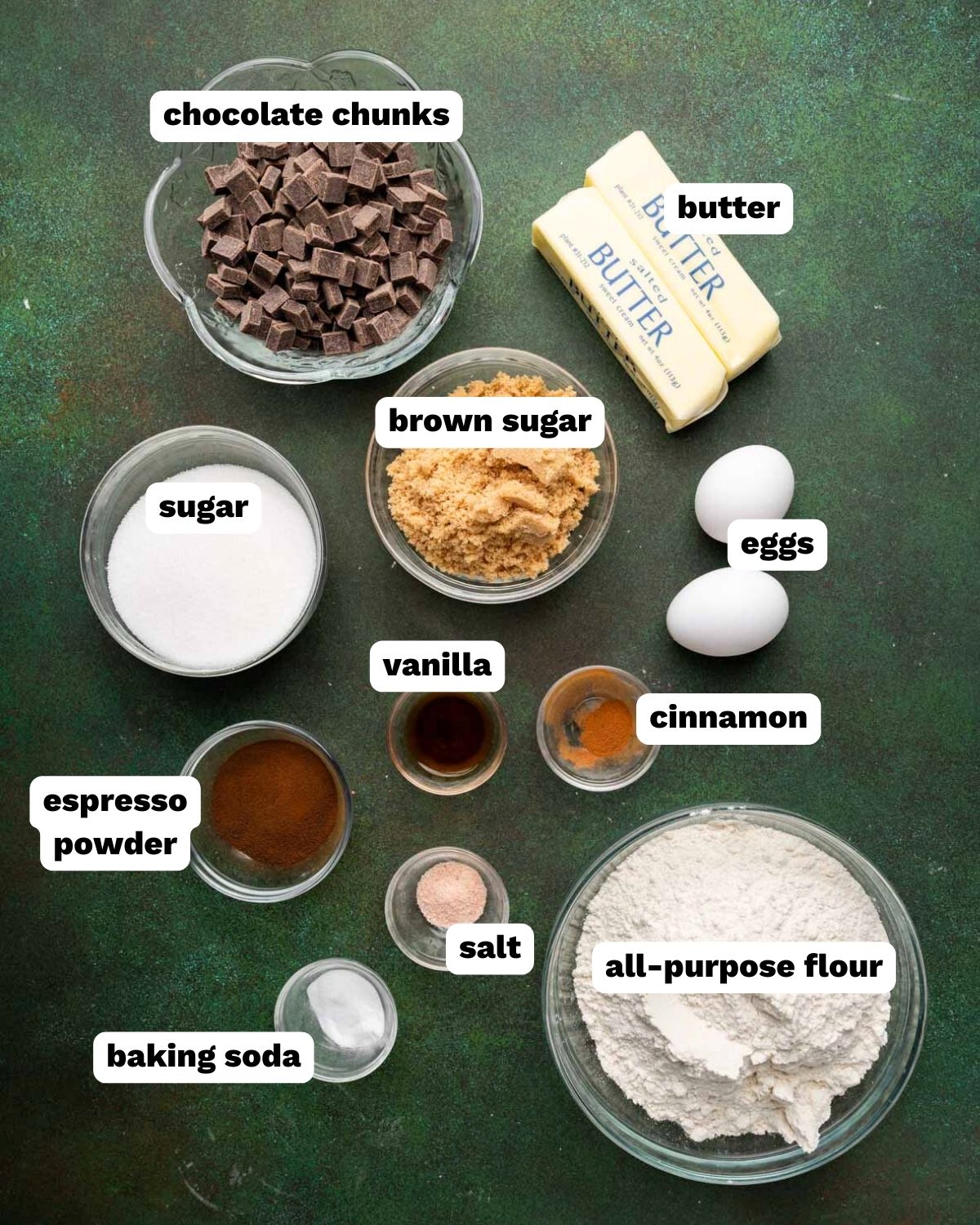 ingredients for mocha chocolate chip cookies on a table