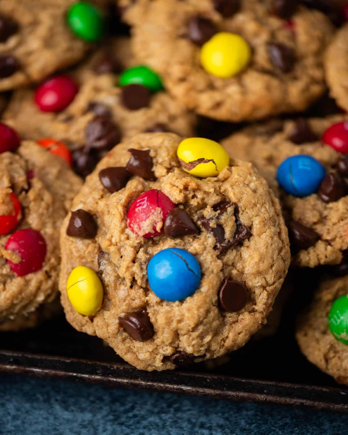 peanut butter monster cookies on a baking sheet