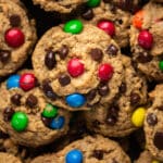 overhead view of a plate of peanut butter monster cookies