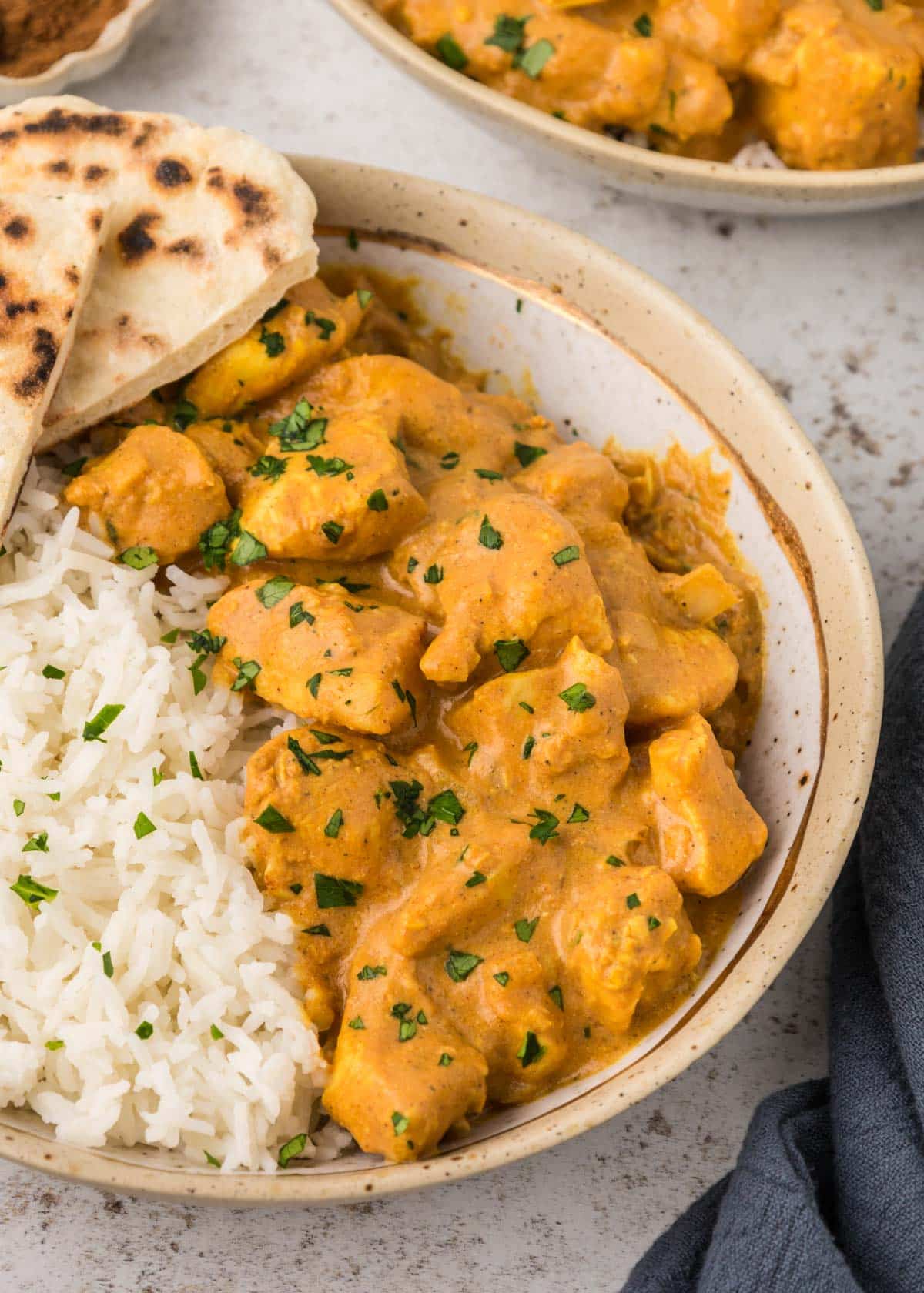 butter chicken with rice and pita on a plate