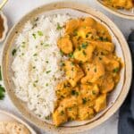 overhead view of butter chicken with rice