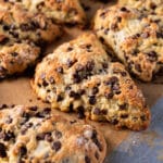 sourdough discard scones with chocolate chips on a baking sheet