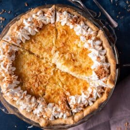 overhead view of a sliced coconut custard pie