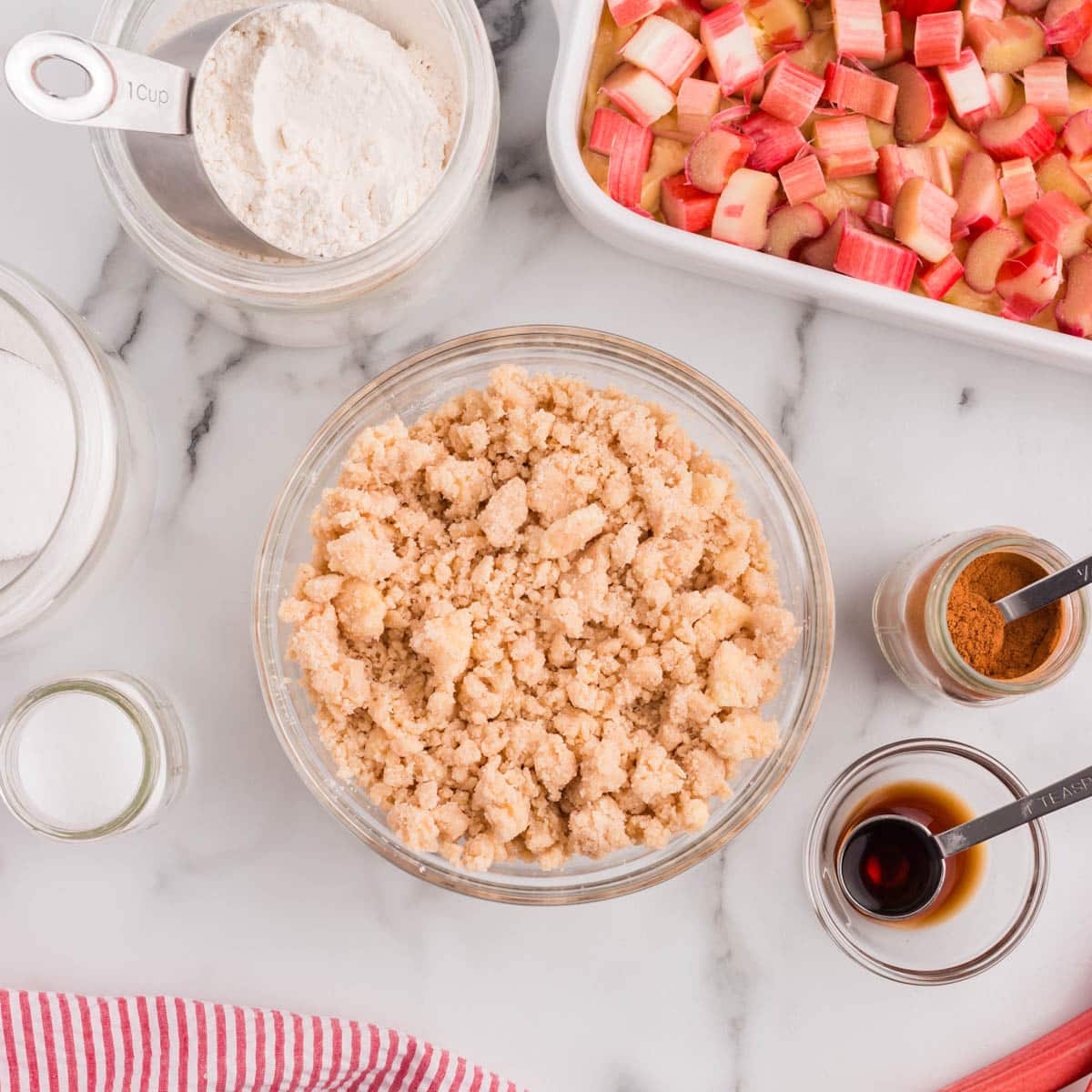 crumb topping for rhubarb cake in a bowl