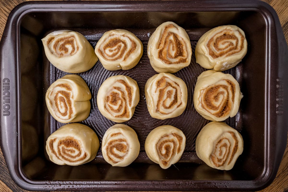 unbaked cinnamon rolls in a pan